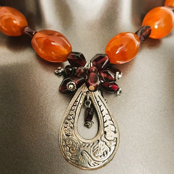 Necklace with Vintage Garnets, Carnelian, Taxco Sterling Pendant - Picture 3 of 5